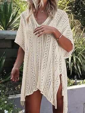 Boho Crochet Knit Cover Up Cream Beach Tunic Side Tie Tassel